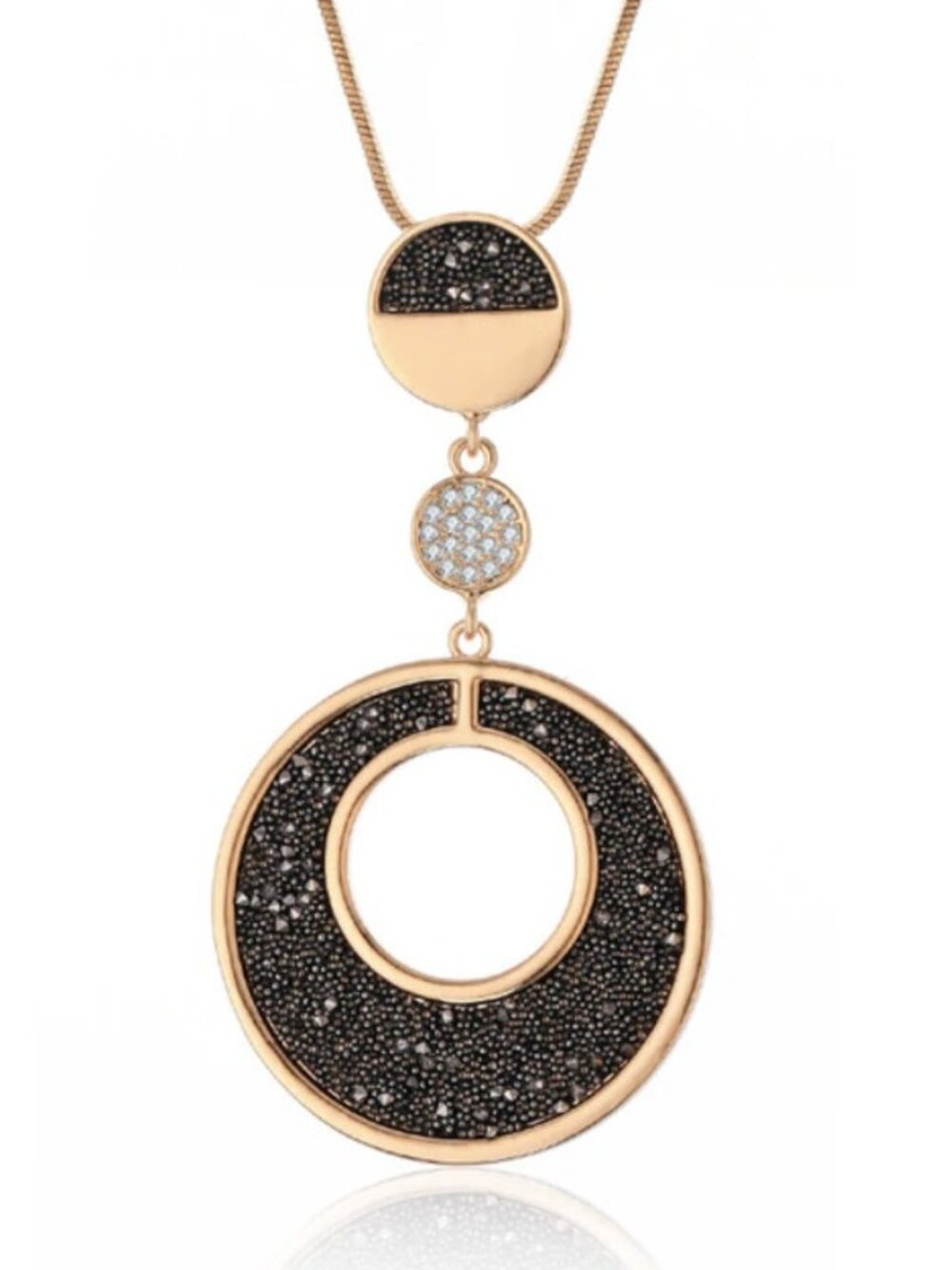 Gold Black Rhinestone Contemporary Modern Statement Long Necklace